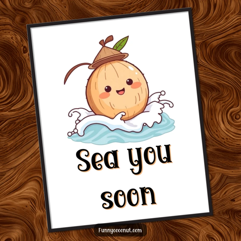 Funny happy coconut with a tiny hat, bobbing on a sea wave, a delightful and humorous poster for coastal-themed decor.