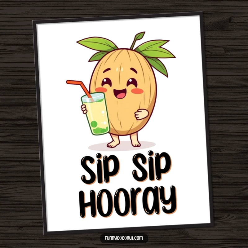 Funny poster print of a happy coconut character offering a cool drink, symbolizing refreshment and good cheer.