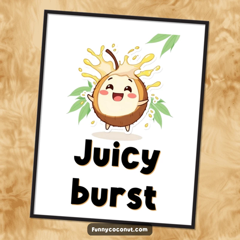 Funny Coconut Poster: A vibrant illustration of a happy coconut character exploding with refreshing juice.
