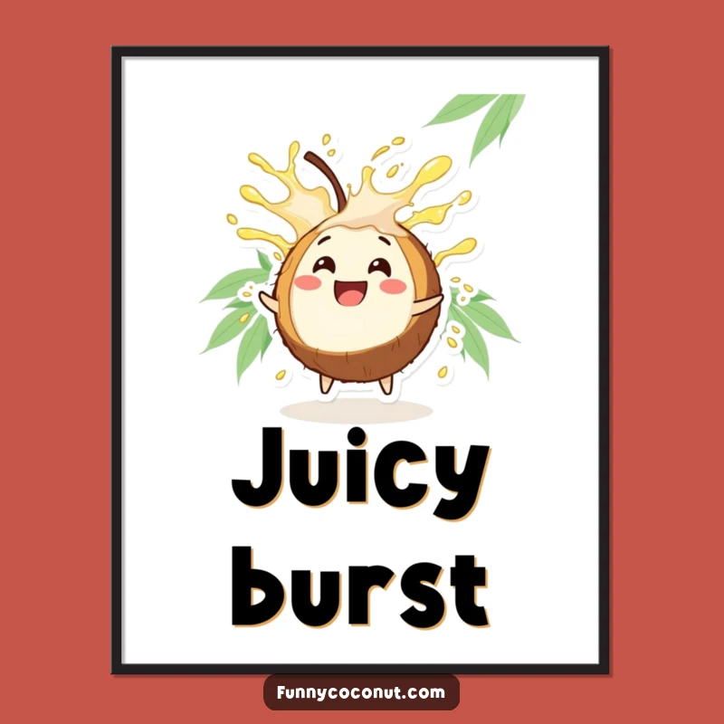 Funny Coconut Burst Poster: Vibrant Tropical Artwork of a Character's Refreshing Juice Explosion