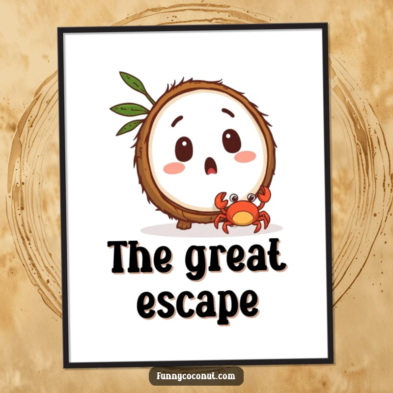 Funny surprised coconut character watching a tiny crab scuttle away, a humorous art print for walls.