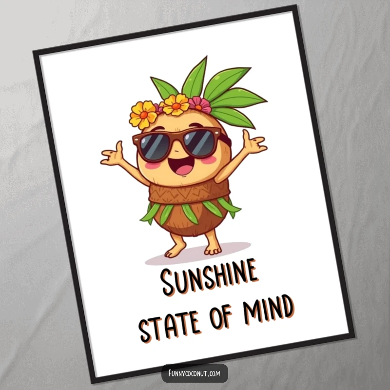 Funny poster showcasing a joyful coconut wearing sunglasses, performing a classic hula dance with tropical grace and humor.