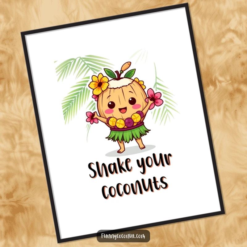 Funny coconut character dancing hula in a lei, a vibrant and humorous tropical art piece to liven up any room.