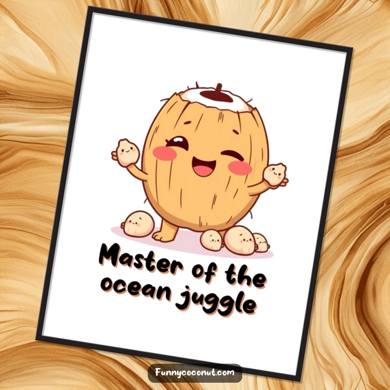 Funny Poster: A winking coconut character artistically juggles small, happy seashells, creating a whimsical and charming beach-themed display.