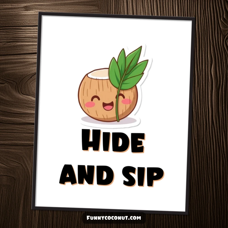 Funny coconut poster showing a laughing coconut character peeking out from behind a small, tropical leaf, bringing smiles.