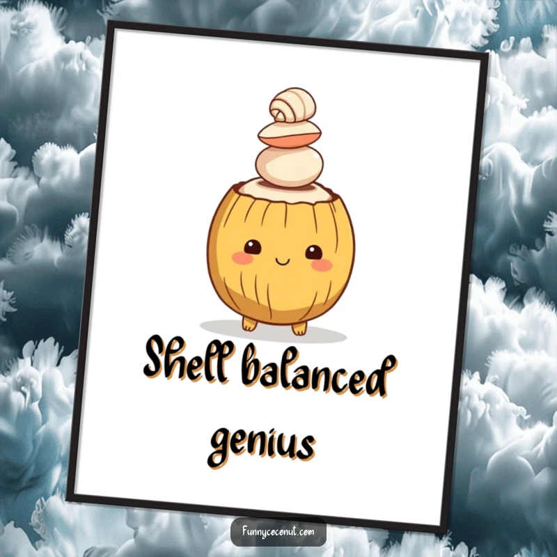Funny poster art of a happy coconut character balancing a tower of seashells on its head, evoking a sense of playful tropical charm.