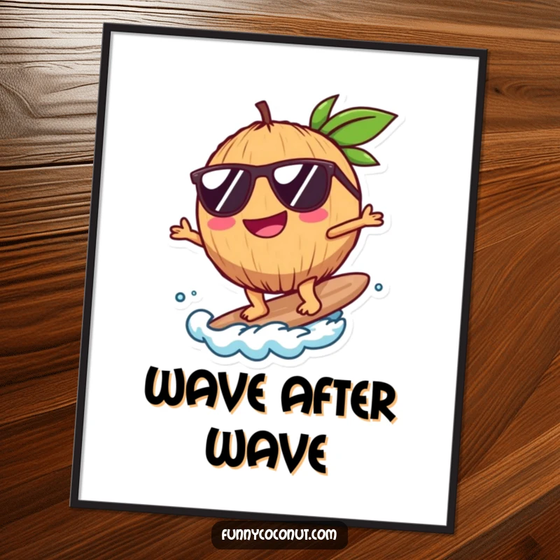Funny Coconut Poster, a happy coconut with sunglasses surfing a tiny wave, adding tropical vibes and humor, a great funny gift.