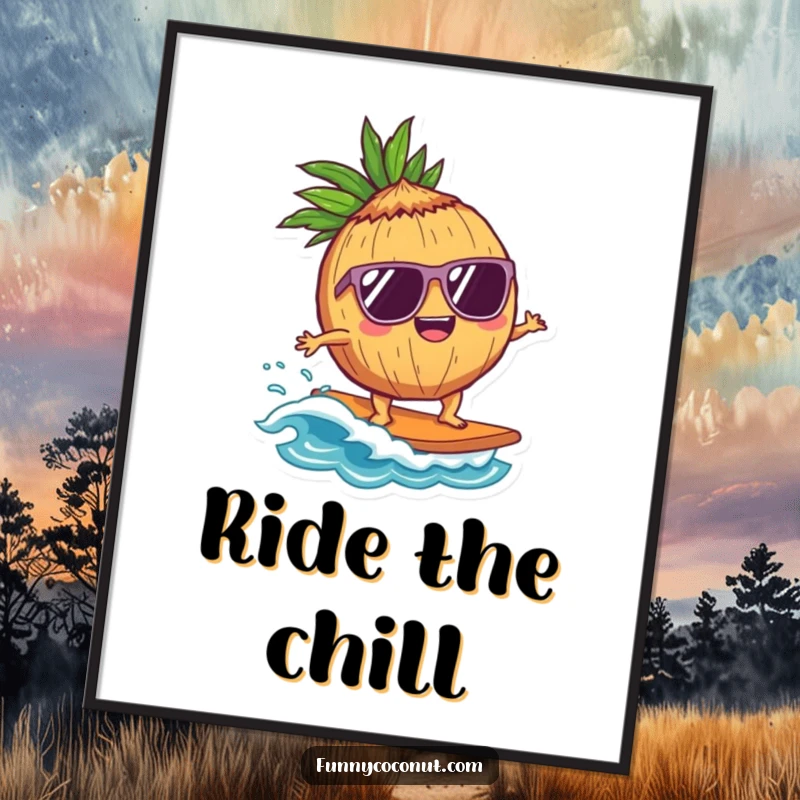 Funny Coconut Surfer Poster: A delighted coconut character wearing sunglasses surfs a wave, capturing the thrill and coolness of the ocean, great wall art.