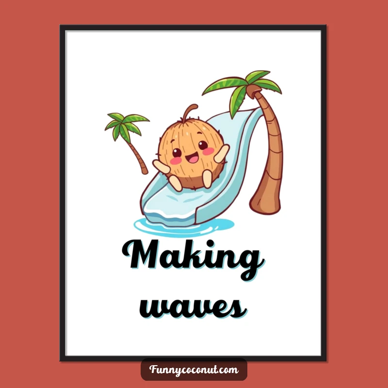 Funny Coconut Waterslide Poster: Vibrant Summer Art for a Cheerful Home