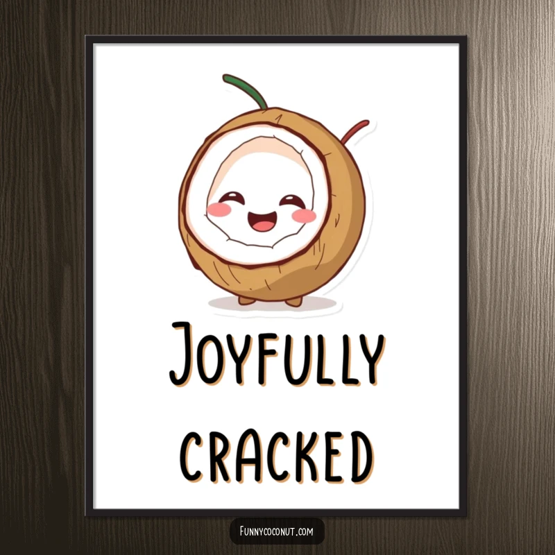 Funny poster art of a coconut character splitting open with a joyful giggle, bringing hilarious tropical vibes indoors.