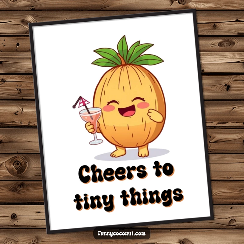 Funny coconut character giggling while holding a cocktail with an umbrella, a humorous tropical party poster.