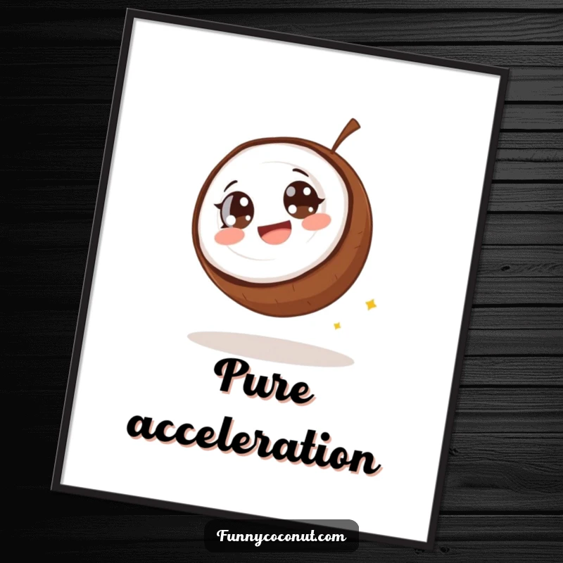 Funny coconut poster, a coconut with wide eyes giggling as it rolls downhill, symbolizing pure, infectious amusement.