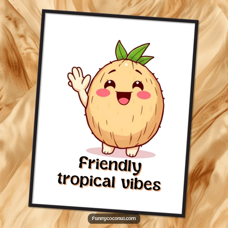 Funny Happy Coconut Poster: A happy coconut character waves hello with a big, friendly gesture, exuding tropical charm.