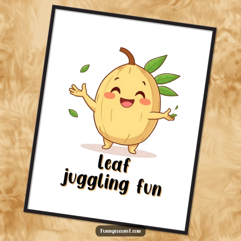 Funny Poster of a happy coconut character with a gleeful grin, skillfully juggling small palm leaves, radiating pure joy.