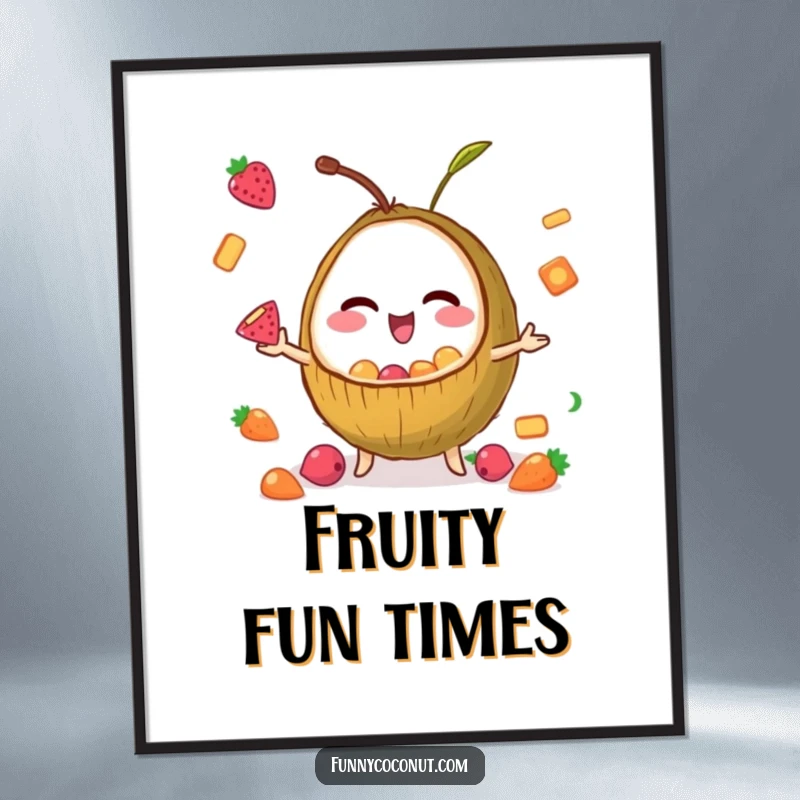 Funny poster depicting a winking coconut with impressive skill, juggling small, colorful fruit snacks, bringing playful energy to the wall.