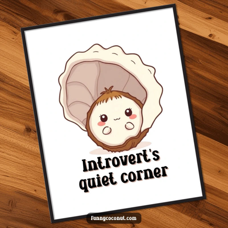 Funny shy kawaii coconut peeking from behind a large seashell, presented as charming and humorous wall art.