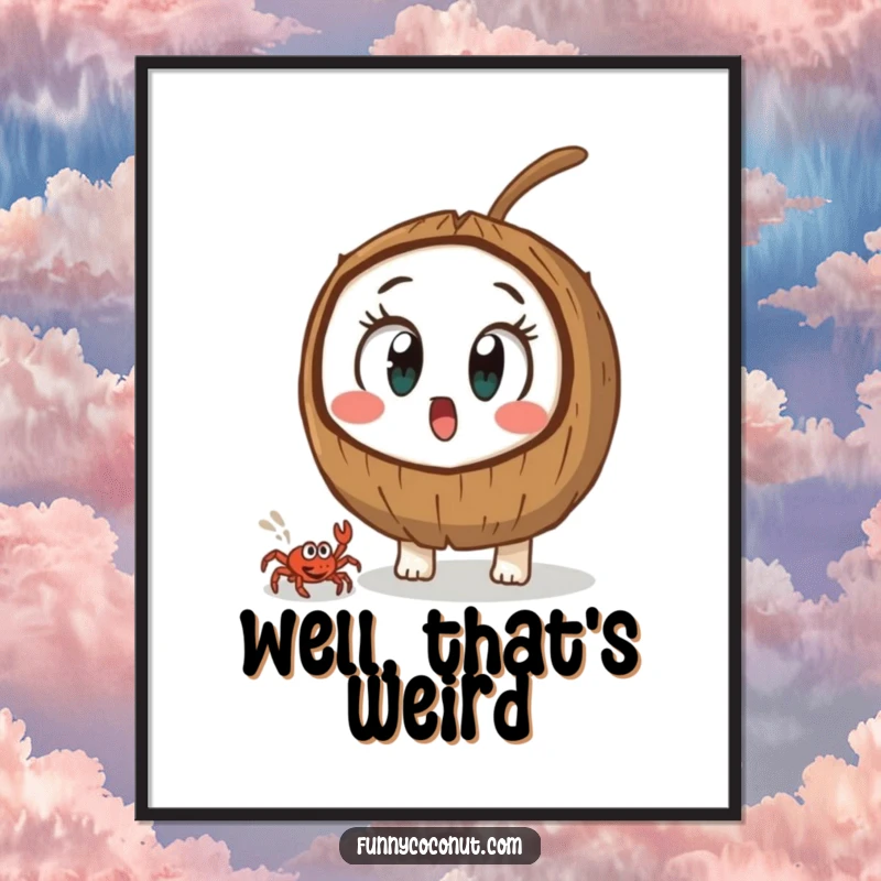Funny coconut with comically wide eyes, fixated on a tiny crab's scurry, a humorous art print for surprise lovers.