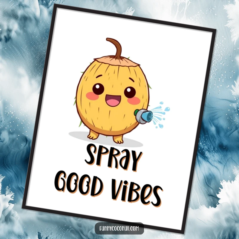 Funny poster showcasing a cheerful coconut character joyfully spraying water from a tiny hose with enthusiastic flair.