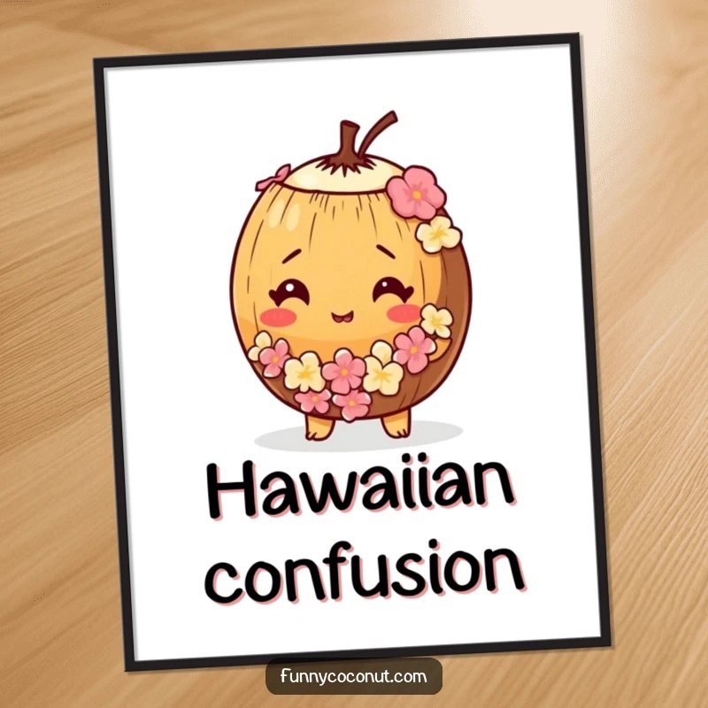 Funny poster print of a bewildered coconut wearing a tiny lei, perfect for quirky wall decor.