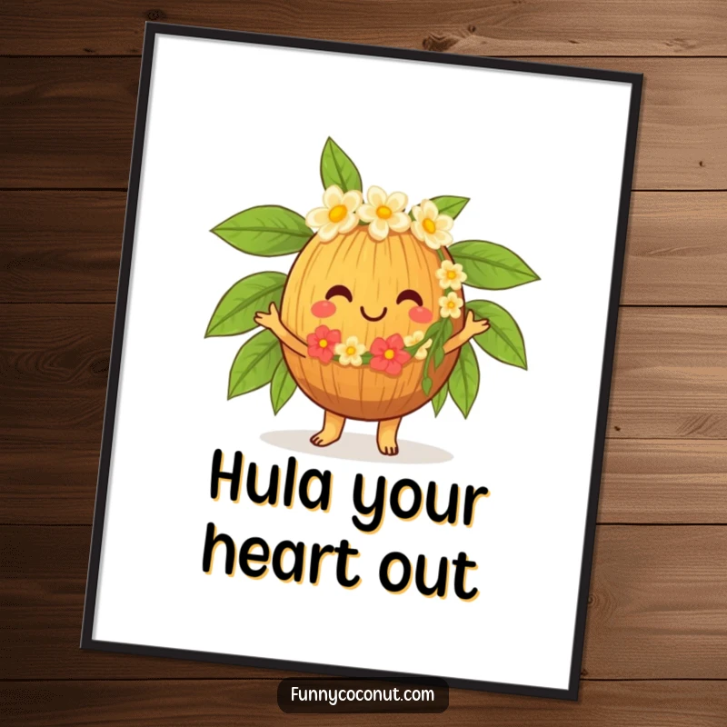 Funny Hula Coconut Poster, a cheerfully dancing character in a lei, bringing tropical vibes and infectious hula moves to your wall art.