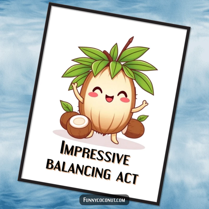 Funny cheerful coconut wearing a leafy crown, skillfully juggling three smaller coconuts, a comical and vibrant poster.
