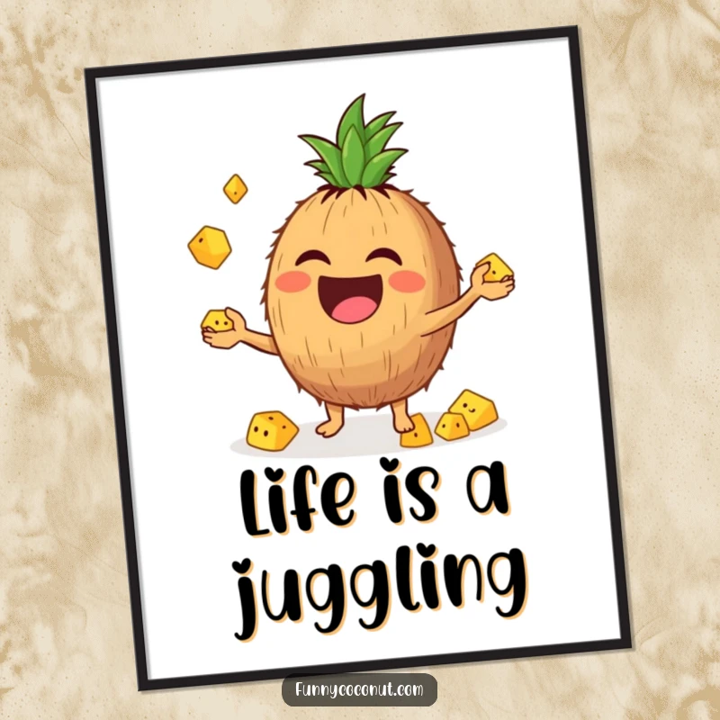 Funny poster showcasing a laughing coconut character in mid-action, juggling tiny pineapple chunks with impressive enthusiasm.