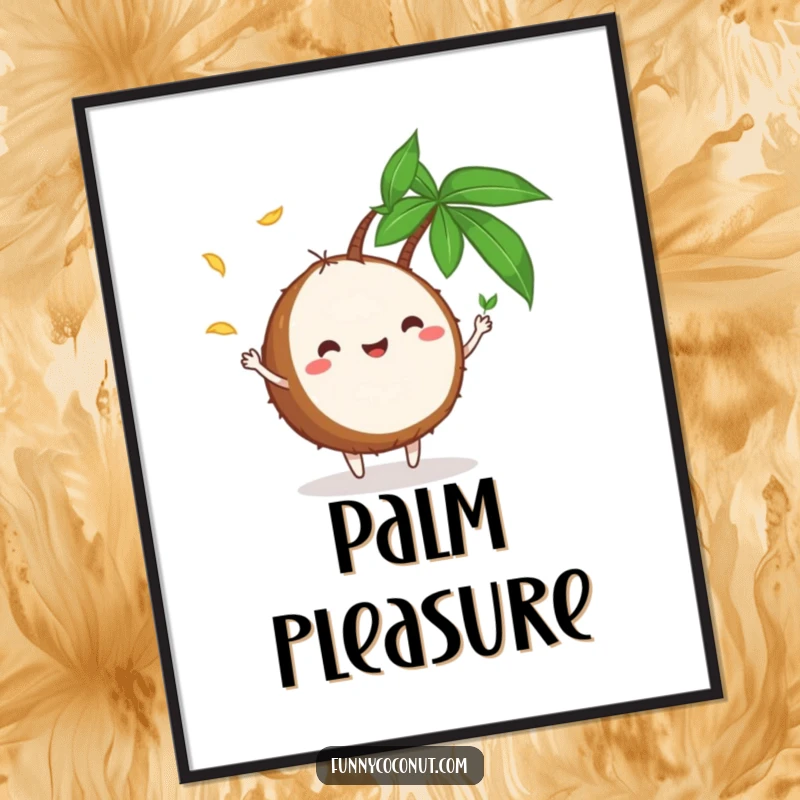 Funny Poster: A vibrant illustration of a smiling coconut character artfully juggling small palm leaves, adding tropical fun to wall decor.