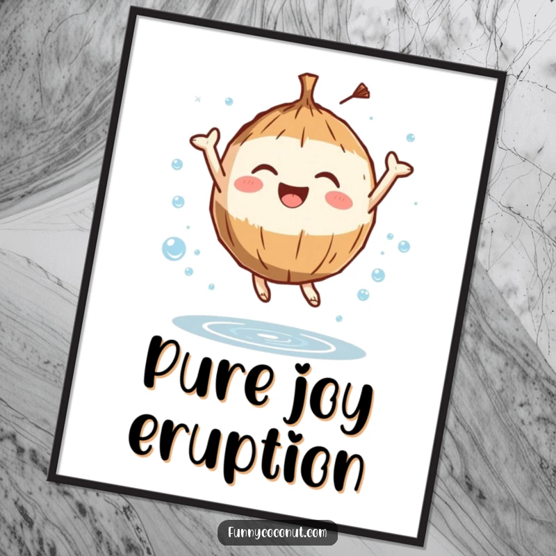 Funny poster art of a coconut character leaping with ecstatic joy amidst sparkling water droplets, perfect for adding refreshing wall decor.