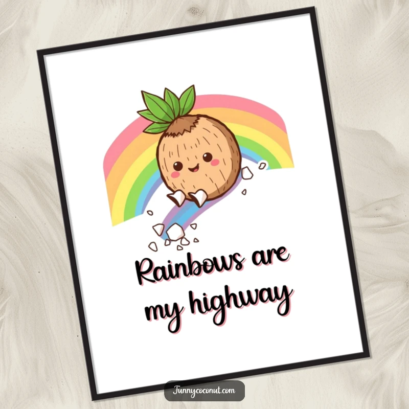 Funny Poster: A joyful coconut character slides down a spectrum of colors on a rainbow, scattering flakes, a vibrant and humorous art piece.