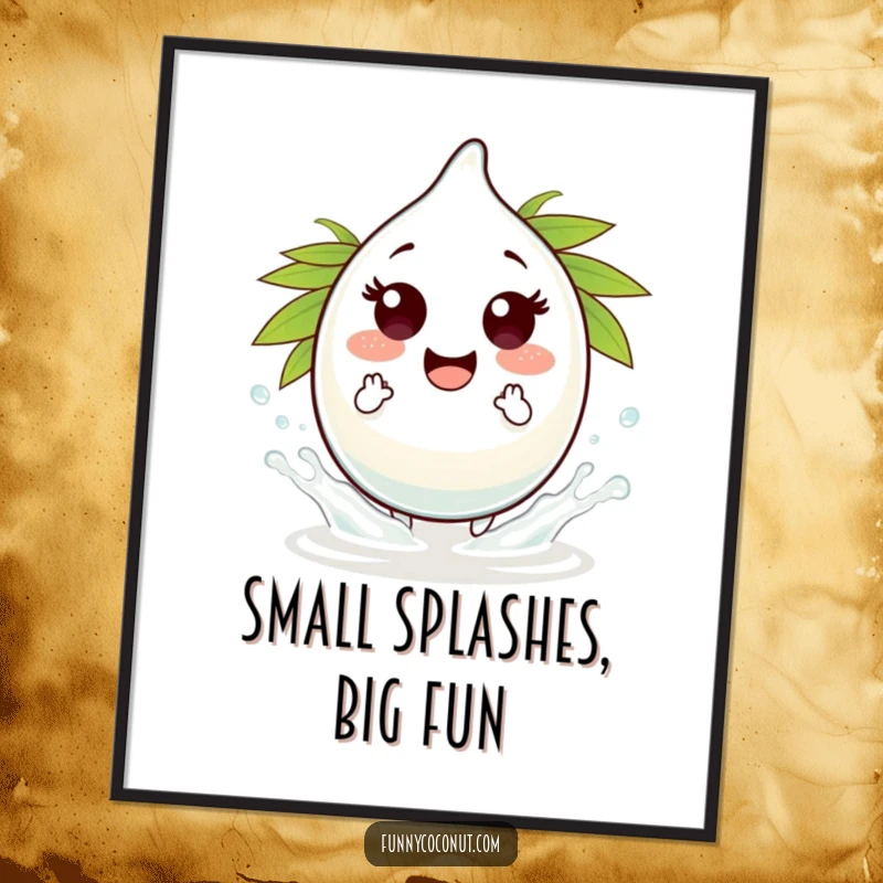 Funny coconut water droplet character poster, performing tiny splashes with playful energy, ideal for cheerful home decor.