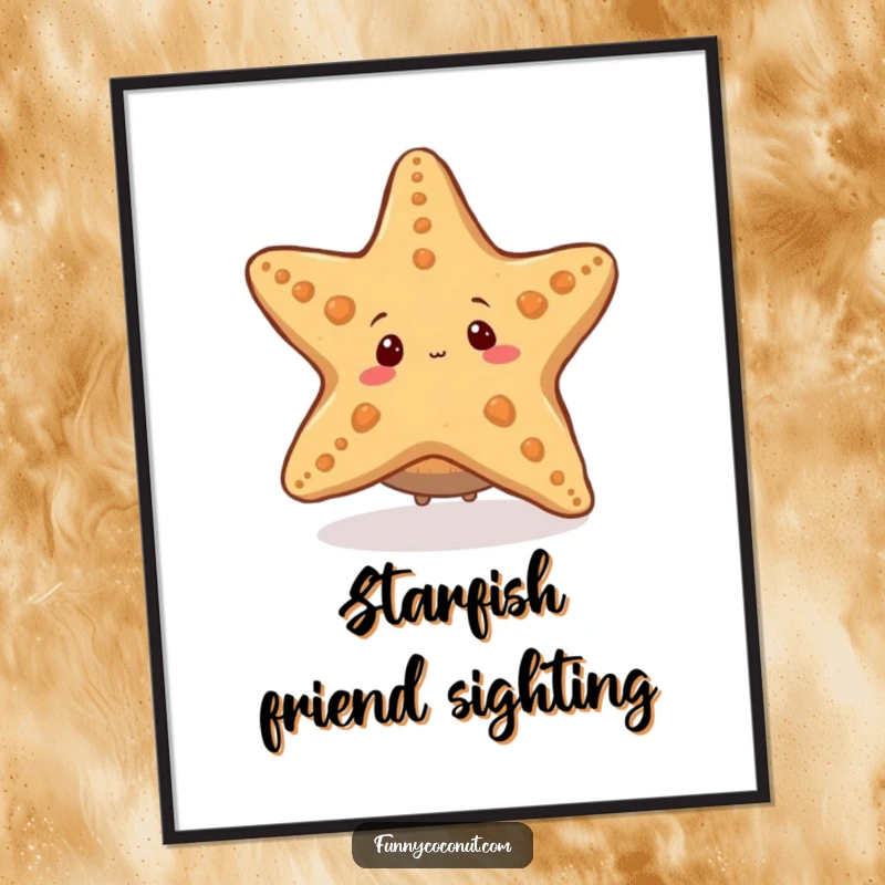 Funny poster featuring a curious coconut character peeking from behind a giant starfish, creating a playful and humorous underwater scene.