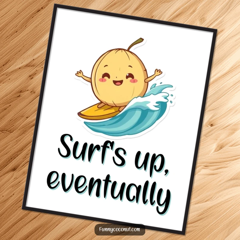 Funny poster showcasing a silly-grinning coconut attempting to surf on a banana peel wave with humorous, adventurous spirit.