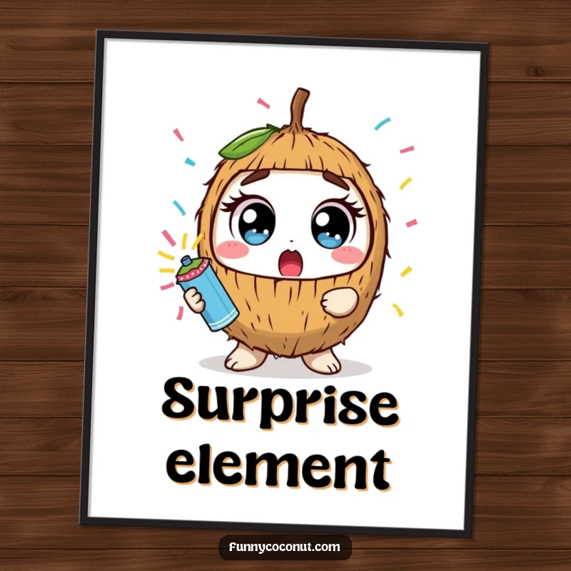 Funny kawaii coconut with wide eyes holding a confetti popper, presented as a humorous art poster for festive decor.