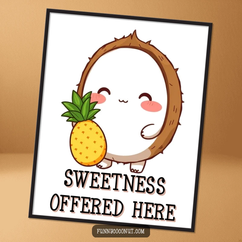 Funny poster art of a blushing coconut character offering a small pineapple, perfect for adding sweet and humorous decor.