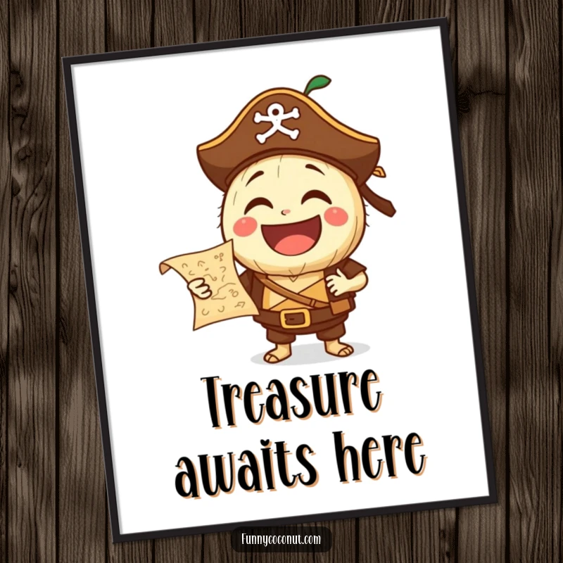Funny Pirate Coconut Poster: A laughing coconut character in pirate attire holds a tiny treasure map, seeking adventure and fun, great wall art.