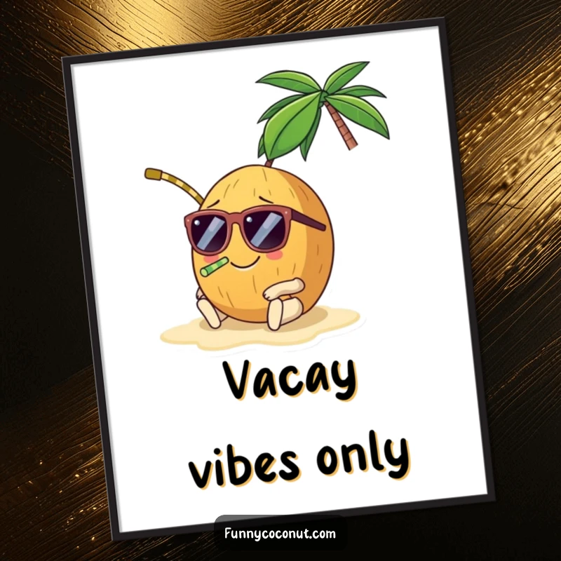 Funny coconut poster, a smiling coconut wearing sunglasses and a straw, lounging on a beach, symbolizing relaxation and fun.