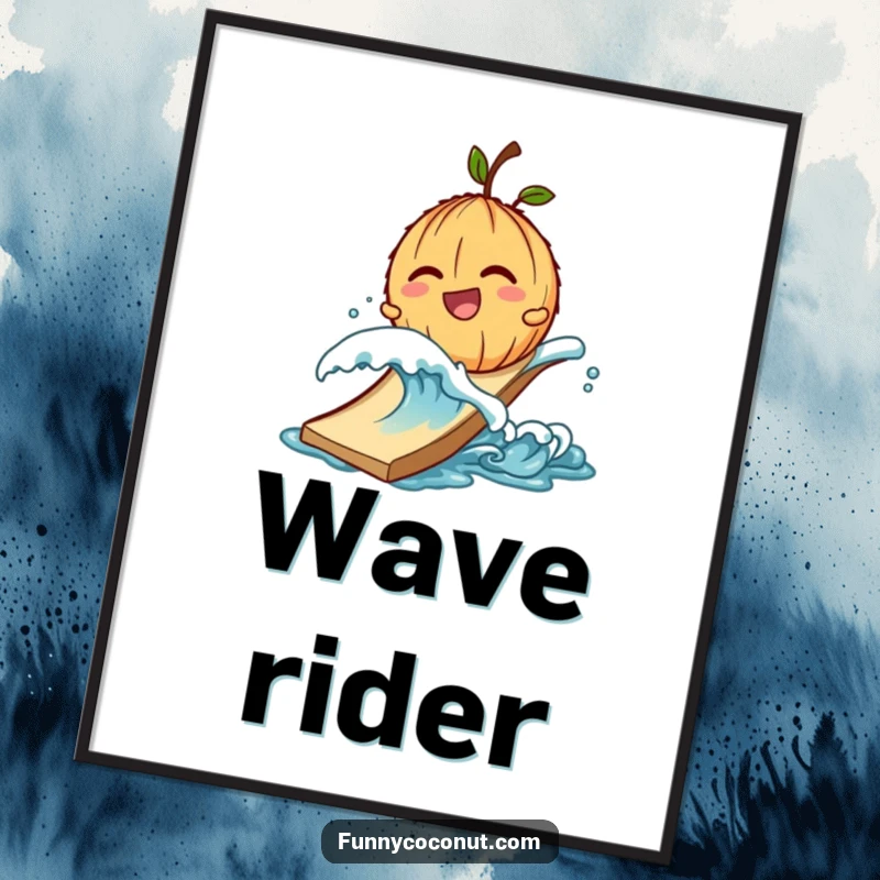 Funny poster art of a giggling coconut character being pushed down a slide by a small wave.