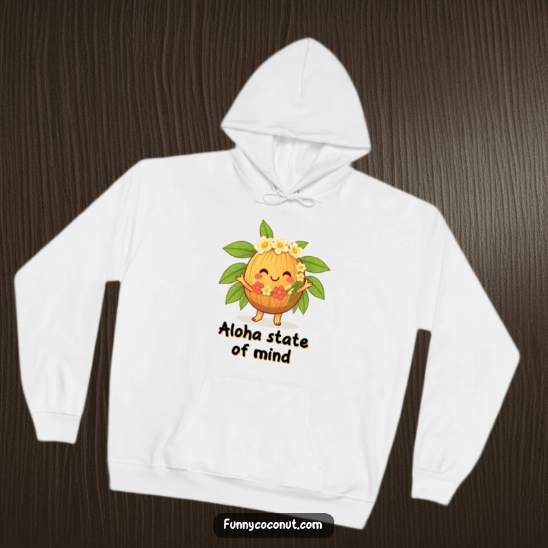 Funny Hula Coconut Hoodie, a smiling tropical character in a lei, performing a delightful hula dance with energetic, happy vibes.
