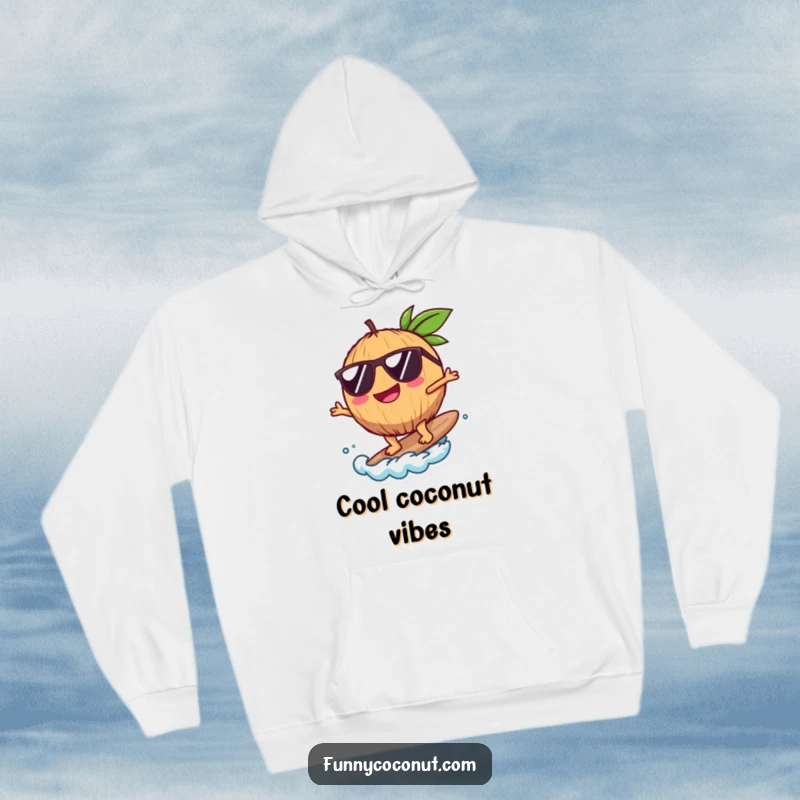 Funny Coconut Hoodie, featuring a cool coconut with sunglasses surfing, perfect for staying warm and stylish, a fantastic funny gift.