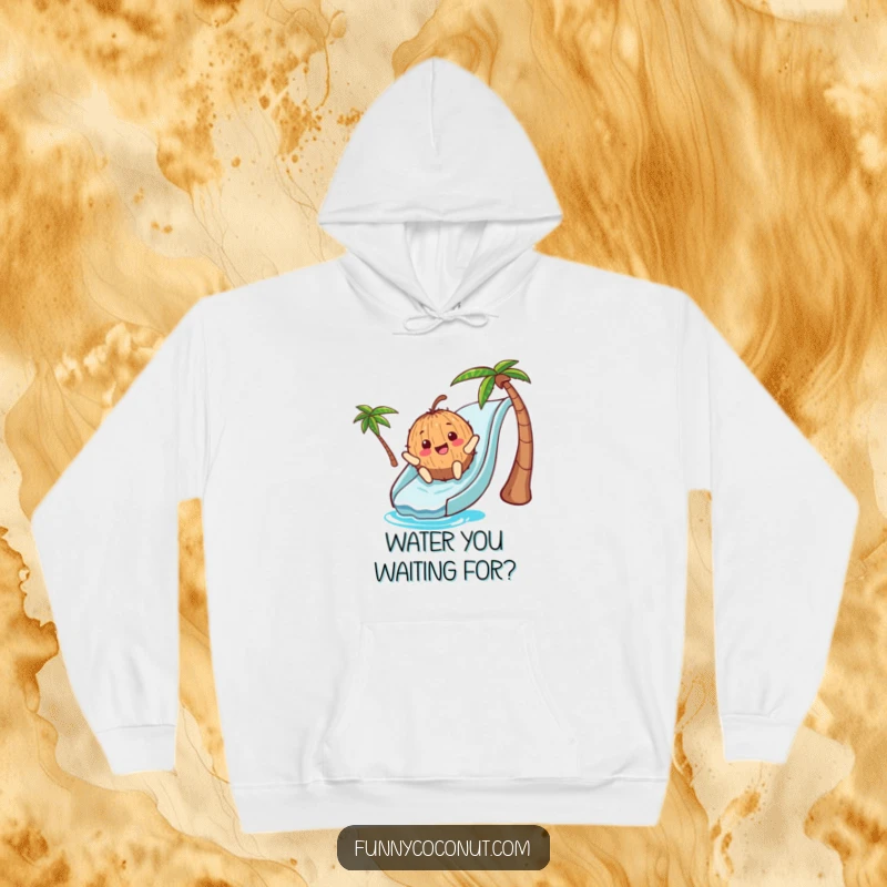Funny Hoodie: A smiling coconut character captured mid-slide down a blue waterslide, offering comfortable and humorous winter warmth.