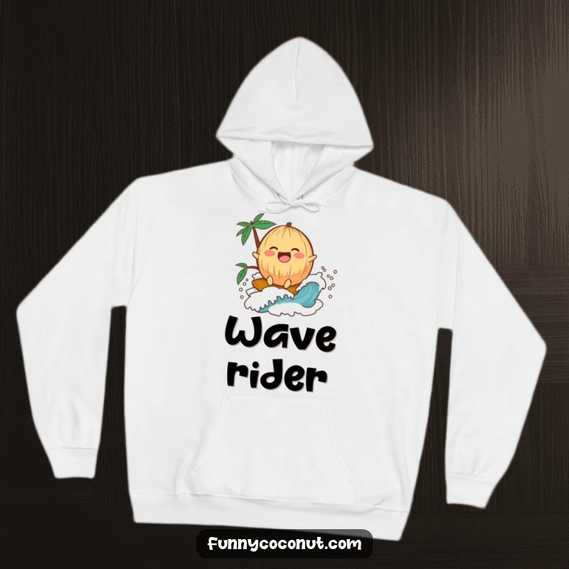 Funny kawaii coconut laughing and surfing on a small wave, depicted on a cozy hoodie for ultimate comfort.
