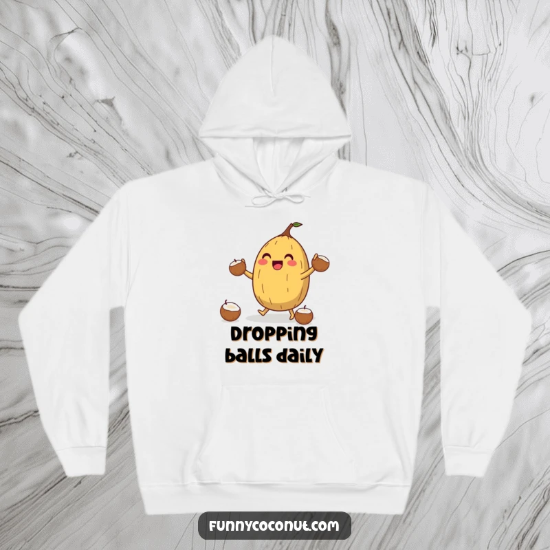 Funny Coconut Juggler Hoodie: A jubilant coconut character juggles smaller coconuts, offering cozy comfort and a playful, energetic vibe.