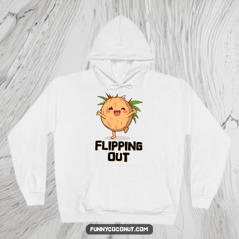 Funny hooded sweatshirt featuring a delighted coconut character doing a cartwheel with its husk.
