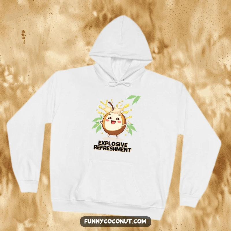 Funny Coconut Hoodie: A joyful coconut character spraying juice, perfect for cozying up with tropical fun.