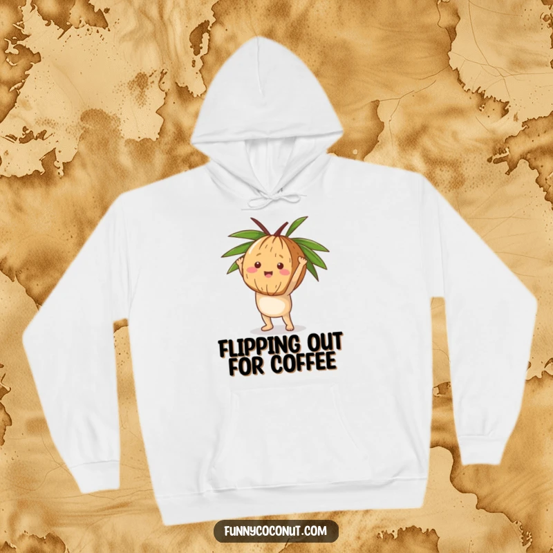 Funny Coconut Handstand Hoodie, a happy coconut in a handstand pose on its husk, radiating energy and playful athletic vibes.
