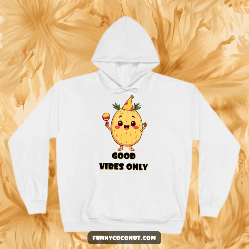 Funny Coconut Hoodie: A cheerful coconut character in a party hat shaking maracas, embodying a festive and joyful spirit, perfect for cozy celebrations.