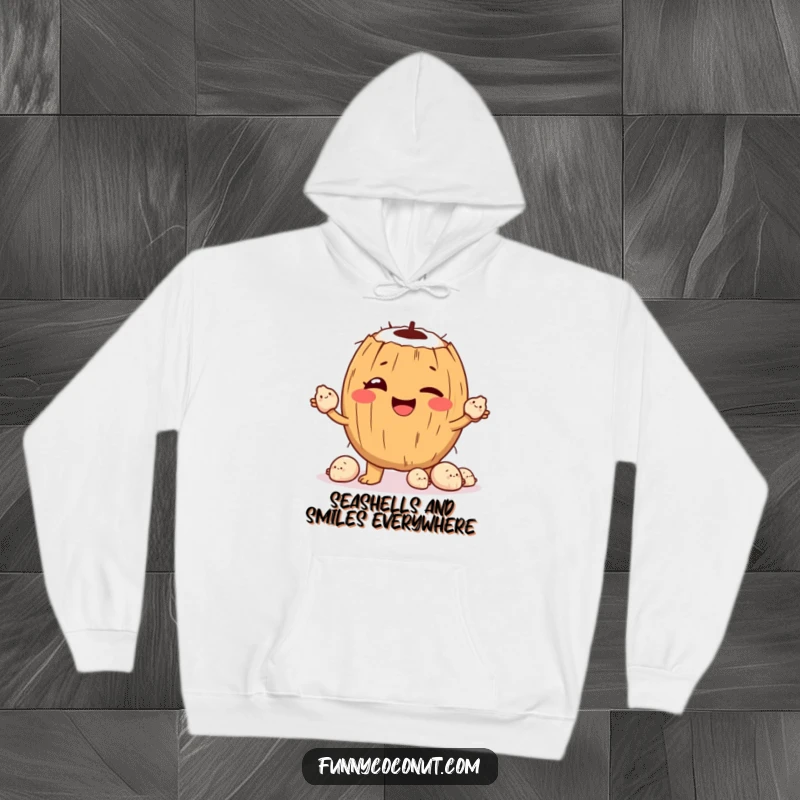 Funny Hoodie: A winking coconut character juggles smiling seashells with impressive dexterity, perfect for cozying up with seaside cheer.