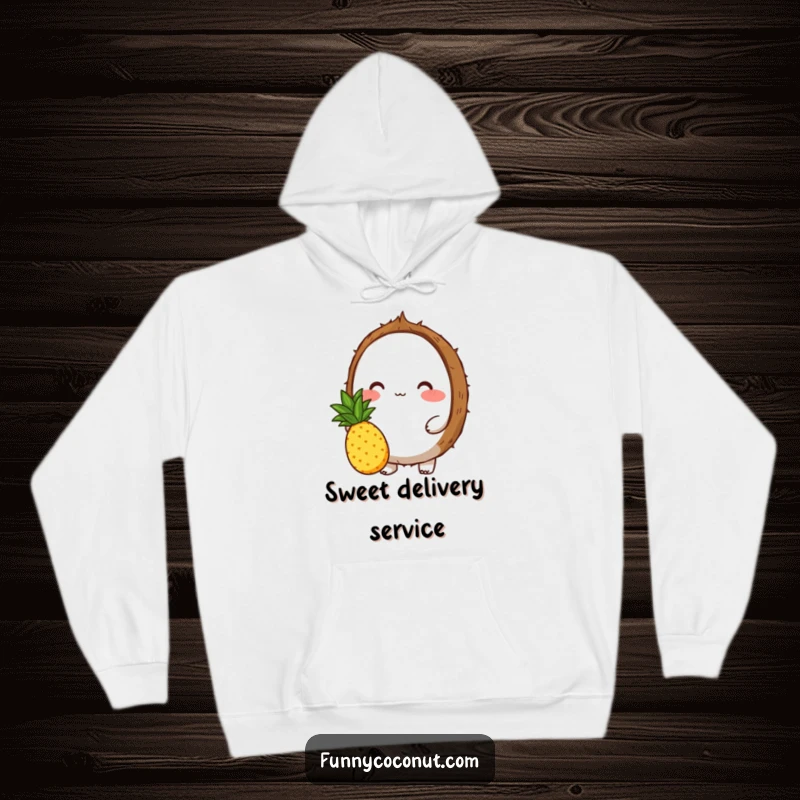 Funny hoodie with a blushing coconut character holding out a small pineapple, symbolizing a sweet and humorous offering of affection.