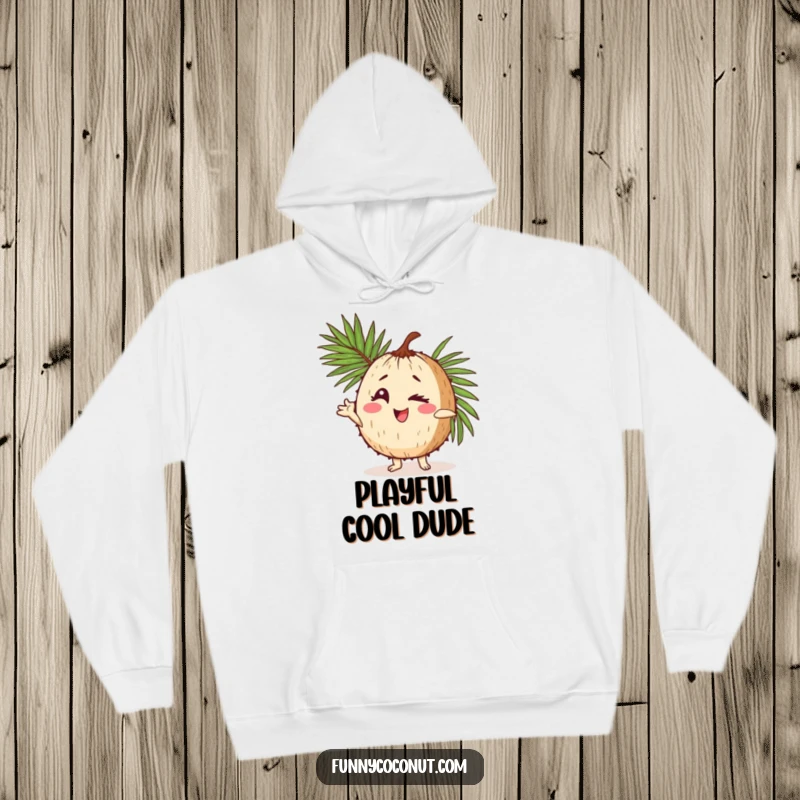 Funny hoodie featuring a coconut character winking and striking a funny pose, dramatically holding a palm frond, embodying tropical nonchalance.