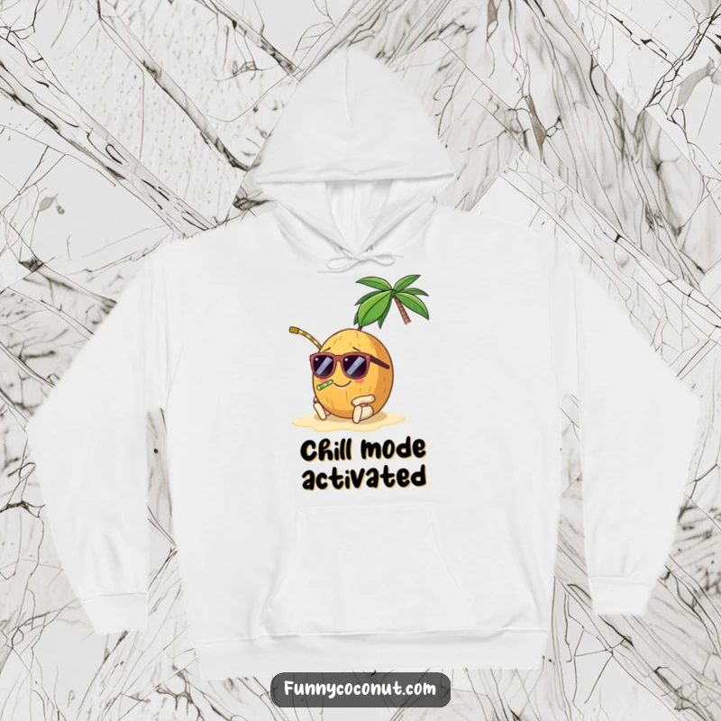 Funny coconut hoodie, a smiling coconut wearing sunglasses and sipping through a straw, lounging on a beach, offering cozy vibes.